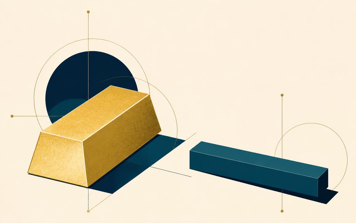 Editorial illustration representing gold market risk assessment